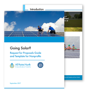 two stacked pieces of paper with two people on a solar panel - Going Solar? Request for Proposals Guide and Template for Nonprofits brochure