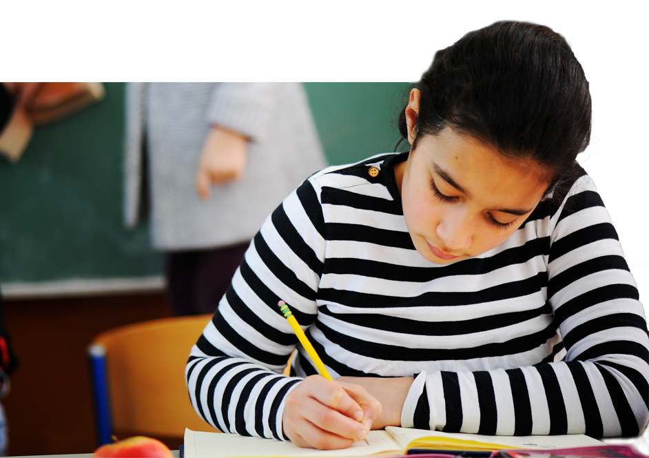 Middle school girl in striped shirt holding a pencil and concentrating on her school work.