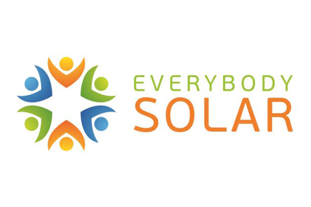 Everybody Solar logo in green, orange and blue. circle icon of people with their arms up.