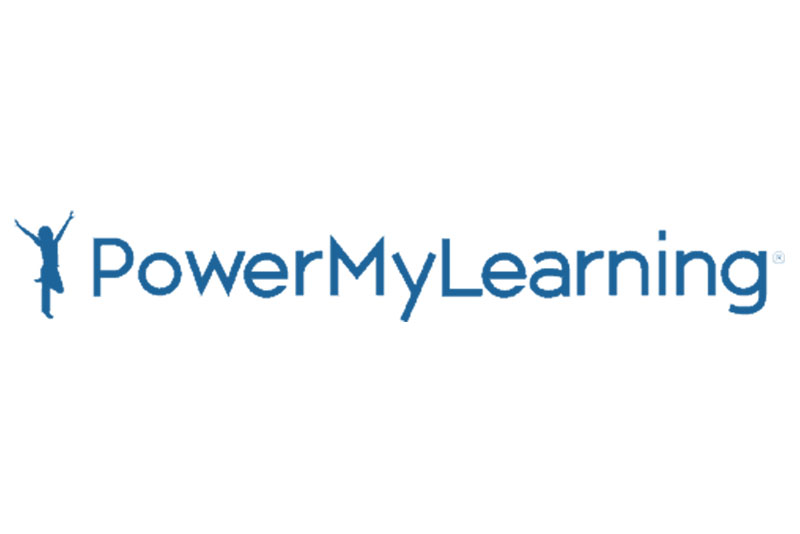 Power My Learning logo in blue type with blue graphic of child with arms in the air.