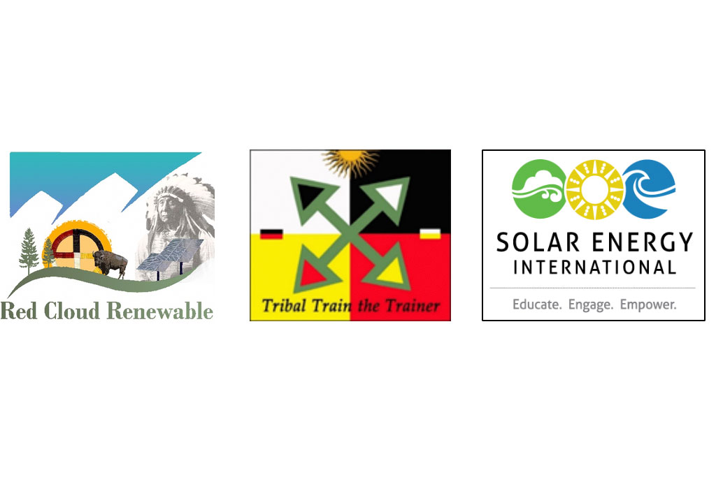 Three logos in squares: Red Cloud Renewable, Tribal Train and the Trainer, Solar Energy International.